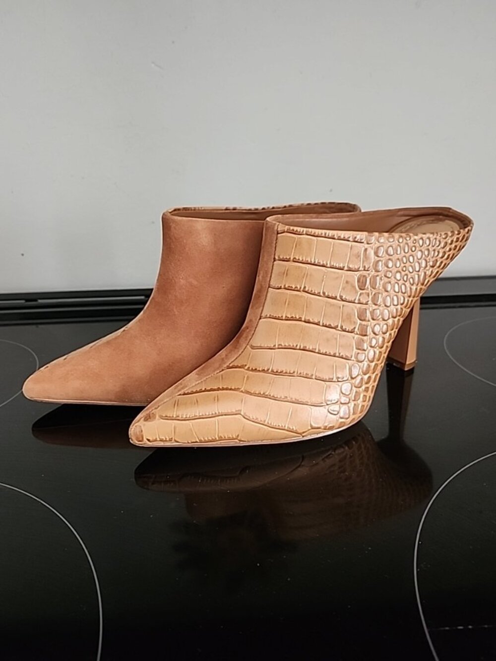 Gibson Latimer Brown Leather and Suede Croc Embossed Heeled Mule Sz 8M